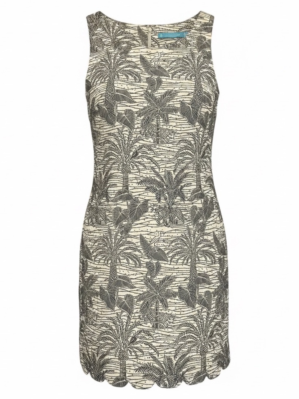 TORI RICHARD Sleeveless Shift Dress Palm Tree Print Scalloped Hem